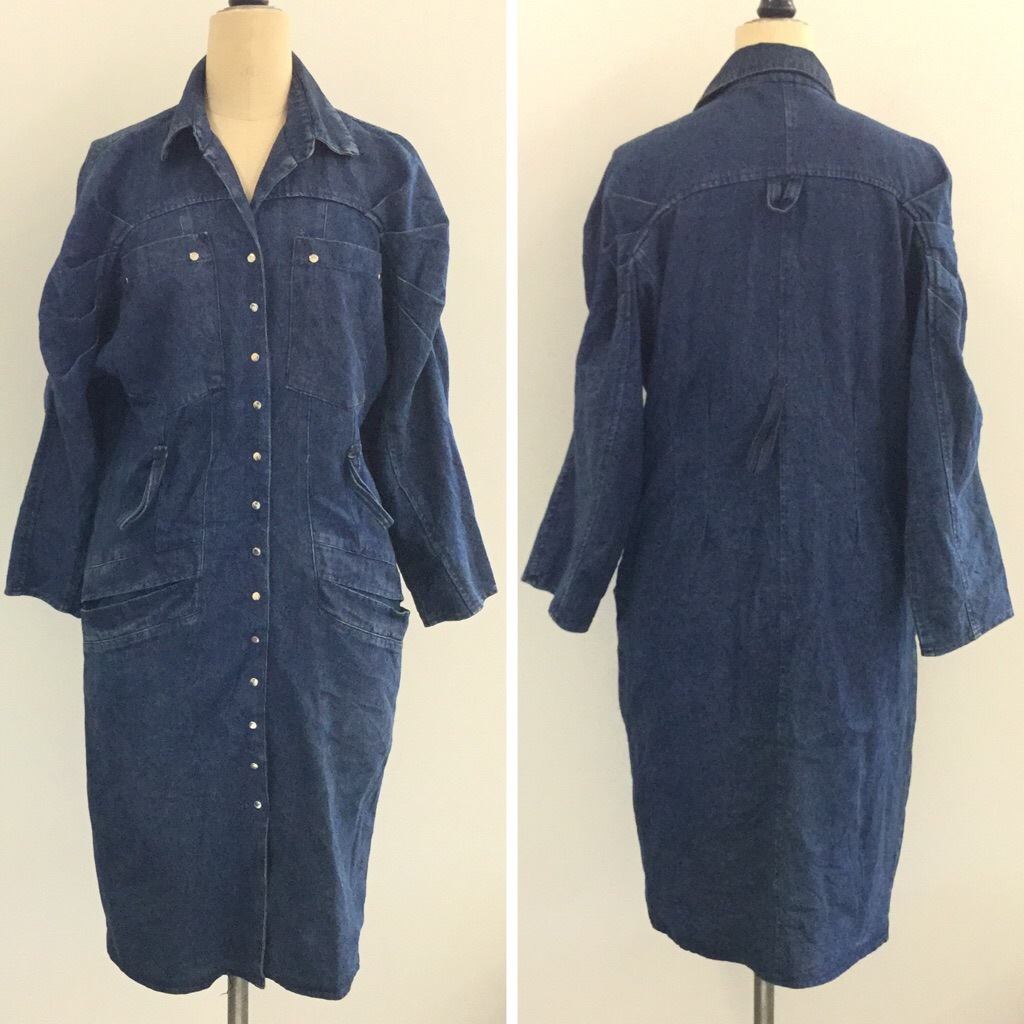 Blondie And Me アメリカ古着 デニムワンピース 長袖ドレス 送料無料 レディース M L デニムブルー コート スタッズ ドルマンスリーブ タイトスカート Made In Usa 輸入品 古着御 ー品切れー Spec Co Ltd