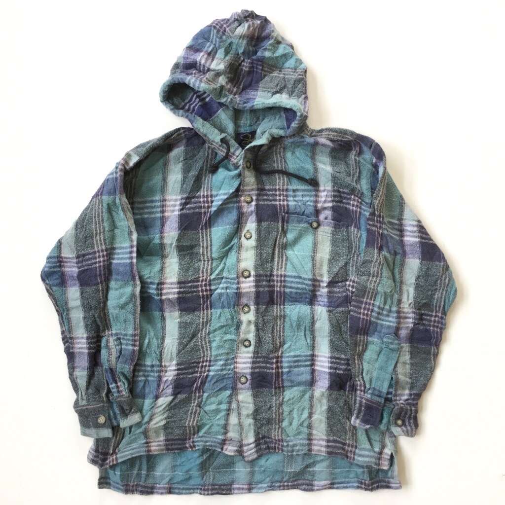 Shah Safari アメリカ直輸入 長袖ネルシャツ フランネルパーカー 送料無料 メンズ L 青x緑系 チェック シャツジャケット Usa アメカジ ワーク フード 古着卸 業販 ー品切れー Spec Co Ltd