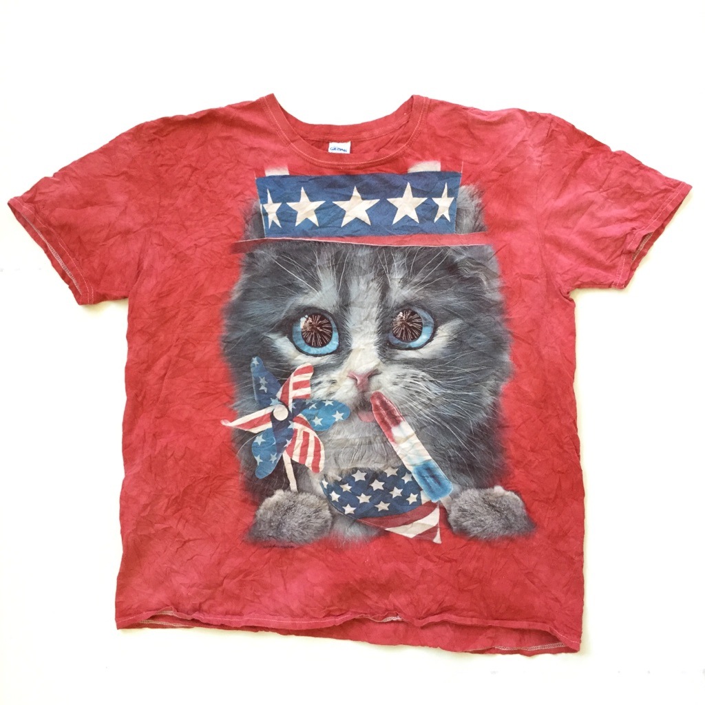アメリカ古着 ハッピーキャット 星条旗 送料無料 半袖tシャツ メンズ Xl 赤系x多色 猫プリント ムラ染め タイダイ Usa アメカジ ポップ スター 風車 アイスキャンディー 古着卸 業販 大きい ビッグ オーバー ー品切れー Spec Co Ltd