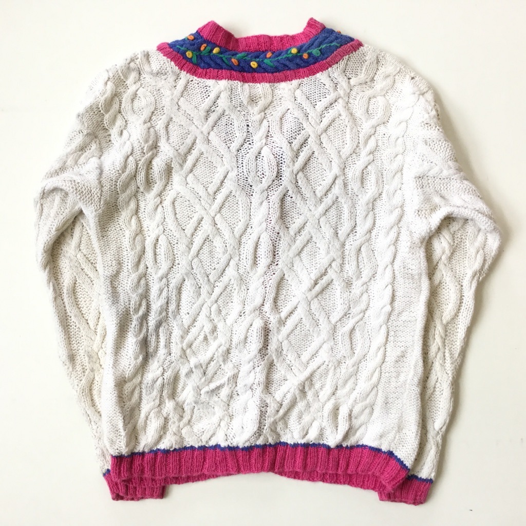 アランニット フィッシャーマンセーター アメリカ直輸入 カーディガン 送料無料 レディース S オフホワイト Vネック 模様編み ケーブル編み 漁師 カジュアル カントリー 古着卸 業販 ー品切れー Spec Co Ltd
