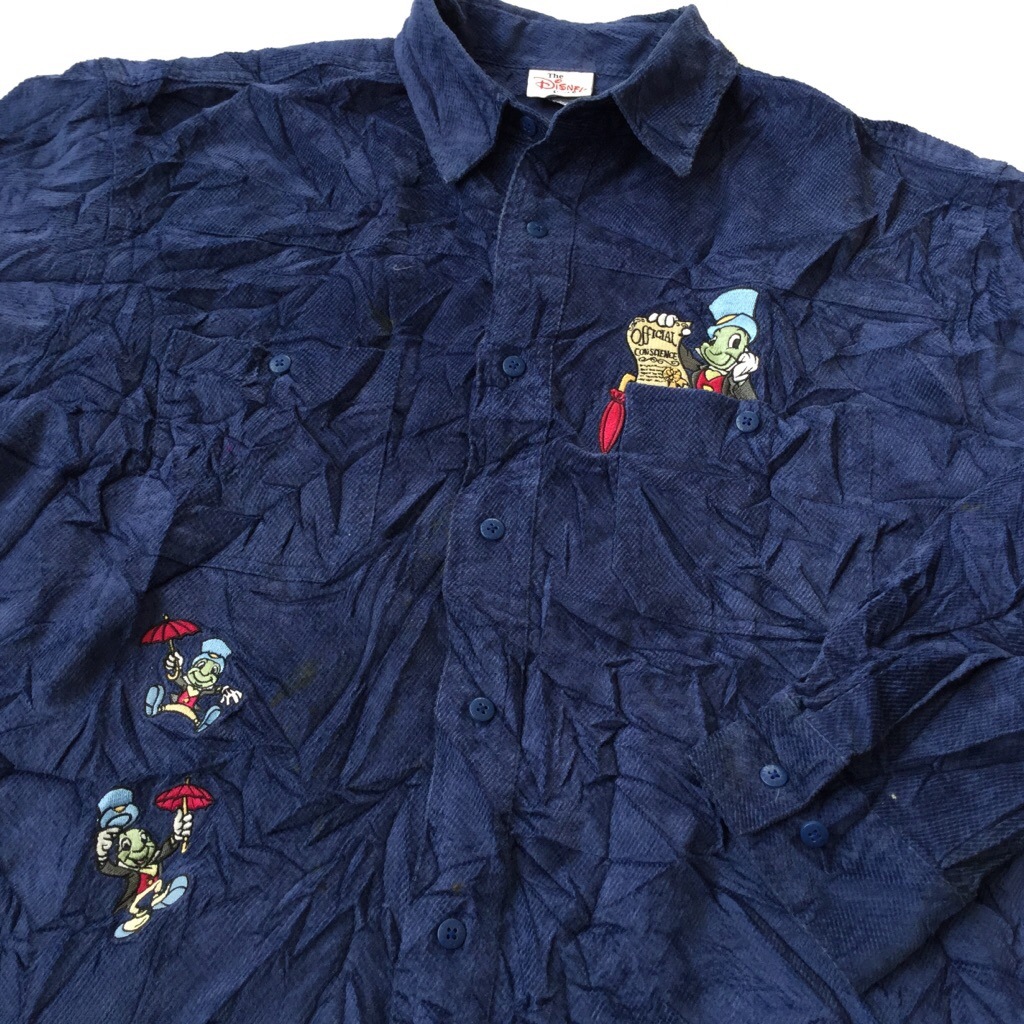 Disney ディズニー キャラクター アメリカ古着 コーデュロイシャツ 長袖シャツ 送料無料 メンズ M 紺 ネイビー ピノキオ コオロギ ジミニークリケット アメカジ トラッド コーズ コールテン コード Usa 古着卸 業販 The Disney Store ー品切れー Spec Co Ltd