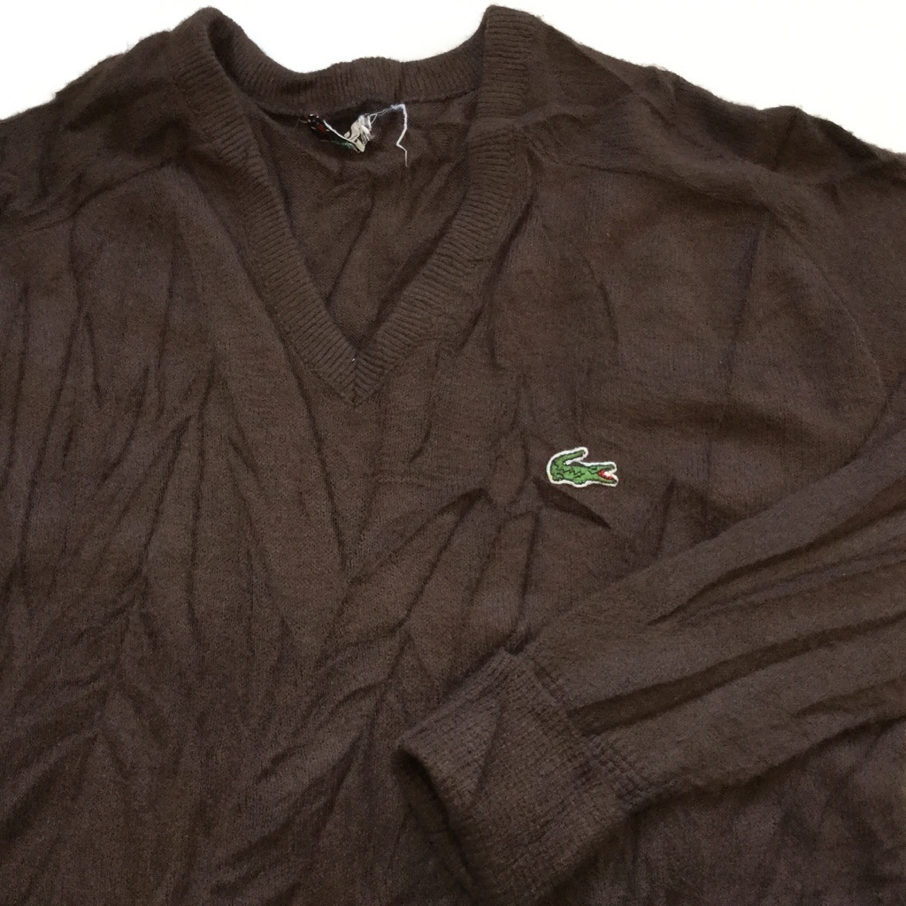 IZOD LACOSTE アイゾッド ラコステ 70's ビンテージ アメリカ直輸入 アクリルニット Vネックセーター 送料無料 メンズ L/焦茶系 緑ワニ 糸巻きタグ USA古着 業販 古着卸 ヴィンテージ オールド-SPEC.CO.,LTD.