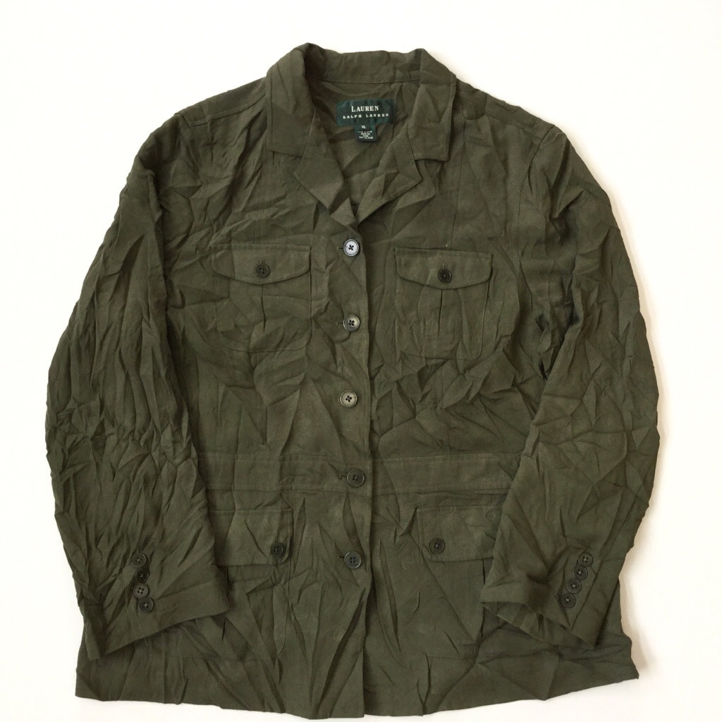 Lauren Ralph Lauren ラルフローレン アメリカ輸入 長袖シャツジャケット サファリジャケット 送料無料 レディース Xl オリーブ シルクシャツ Silk Usa アメカジ トラッド シンプル ブランド リゾート カジュアル 古着卸 業販 大きい ビッグ オーバー ー品切れー Spec
