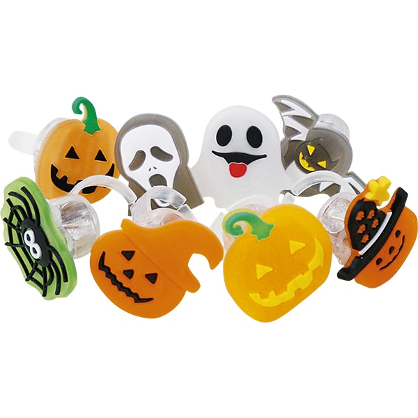 94801 ハッピーハロウィンピカピカゆびわ(50入) 26SS-P138 ハロウィンデザインの可愛いゆびわ スイッチを押すと赤青交互にピカピカと点滅します