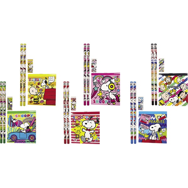 46589 スヌーピーカラフル４点文具セット(25入) 26SS-P146 お子様ランチの景品などにもお薦め 、メモ帳（無地)・鉛筆2本・消しゴムが入っています