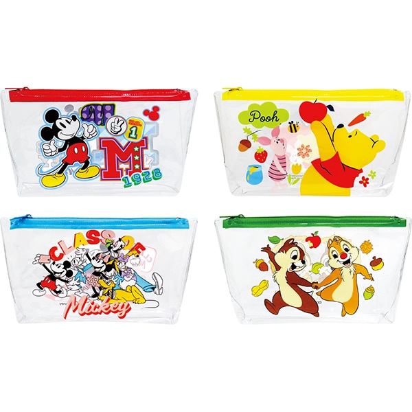 46520 ディズニーカラフルクリアポーチ(12入) 26SS-P148 裏表別柄、透明なので中身が見やすく文房具や小物の収納に便利 かわいいディズニーキャラクターのクリアポーチ