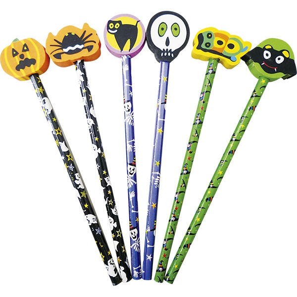 83873 ハッピーハロウィンけしごむ付えんぴつ(24入) 26SS-P138 ハロウィンデザインのけしごむ付えんぴつ 消しゴムは取り外すことができます