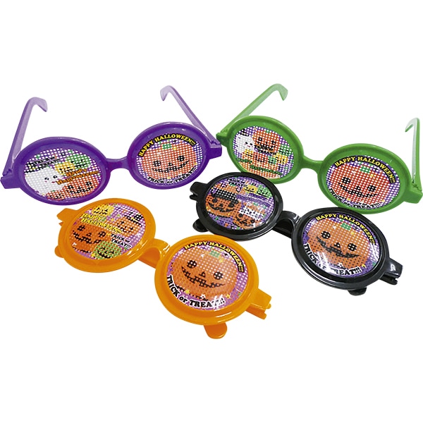 92012 ハッピーハロウィンパーティメガネ(25入) 26SS-P138 全4色のハロウィンパーティー向けのおもしろめがねです イラストが描いてあるのにしっかり見える不思議なパーティーメガネ
