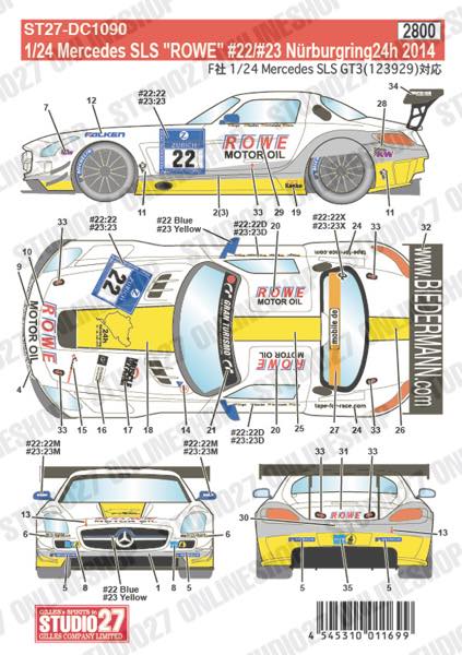 1/24 Mercedes SLS "ROWE" #22/#23 Nürburgring24h 2014<br>for FUJIMI123929<br>STUDIO27 ��Original Decals��