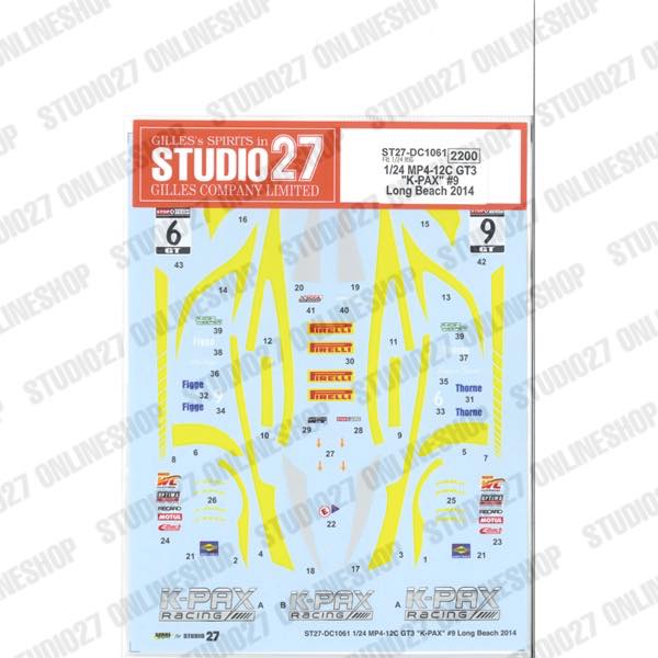 1/24 MP4-12C GT3 "K-PAX" #9 Long Beach 2014<br>for FUJIMI170008<br>STUDIO27 ��Original Decals��
