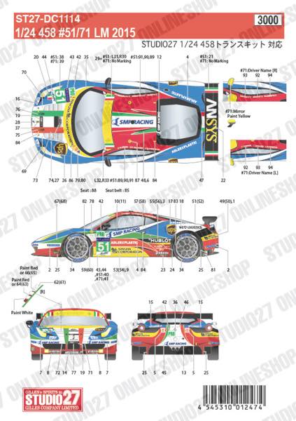 1/24 458 AF Corse Italia #51/71 LM 2015 <br>for TK2472<br>STUDIO27 ��Original Decals��