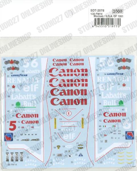 1/20 FW14 Mexican / U.S.A. GP 1991<br>for TK2078/TK2079<br>STUDIO27 ��Spare Decal��