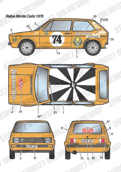 1/24 Golf GTi "Jagermeister" #24 Hessen Rally 1975/#52 RAC 1975/#74 Monte-Carlo 1976<br>forRevell07005/07072<br>STUDIO27 Original Decals