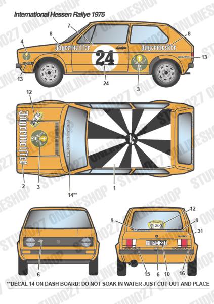 1/24 Golf GTi "Jagermeister" #24 Hessen Rally 1975/#52 RAC 1975/#74 Monte-Carlo 1976<br>forRevell07005/07072<br>STUDIO27 Original Decals