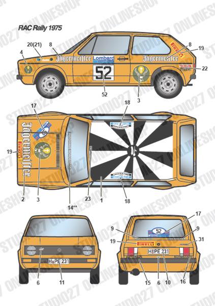 1/24 Golf GTi "Jagermeister" #24 Hessen Rally 1975/#52 RAC 1975/#74 Monte-Carlo 1976<br>forRevell07005/07072<br>STUDIO27 Original Decals