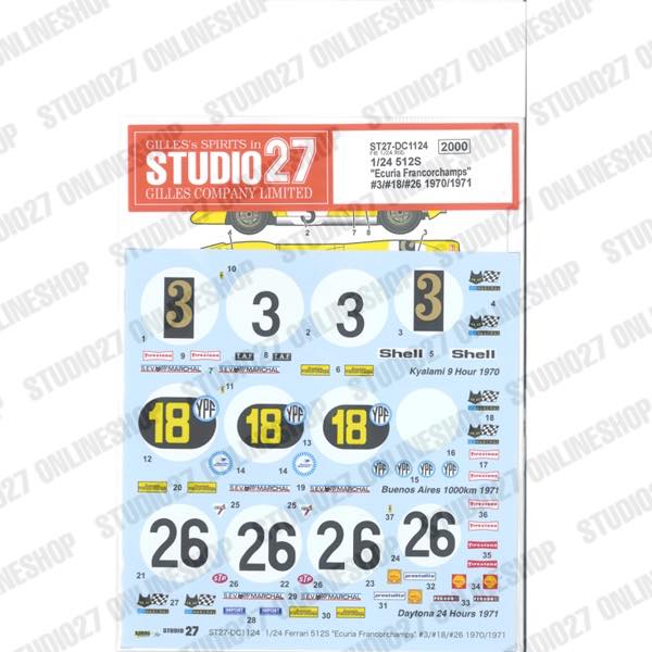 1/24 Ferrari 512S "Ecuria Francorchamps" #3/#18/#26 1970/1971<br>forFUJIMI<br>STUDIO27 ��Original Decals��