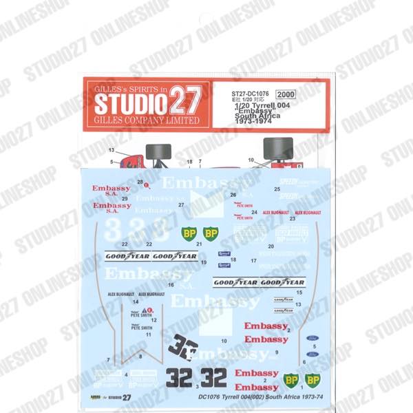 1/20 Tyrrell 004 "Embassy" South Africa 1973-1974<br>forEBBRO20007<br>STUDIO27 Original Decals