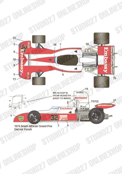 1/20 Tyrrell 004 "Embassy" South Africa 1973-1974<br>forEBBRO20007<br>STUDIO27 Original Decals