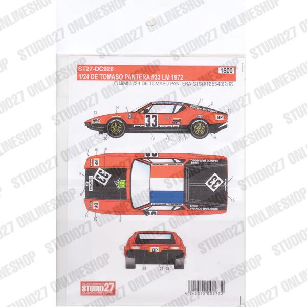 1/24 De Tomaso Pantera #33 LM 1972<br>STUDIO27 ��OriginalDecals��