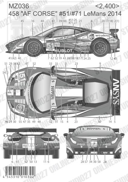 458 "AF Corse" #51/#71 LeMans 2014 <br>for Mini-Z <br>MZ DECALSOriginal decal