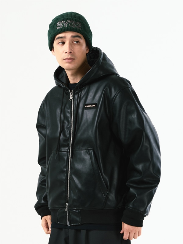 FAKE LEATHER ZIP HOODIE
