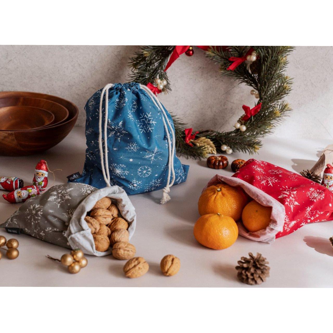 ナッツ コットンバッグ 3点セット スノーフレイクアソート