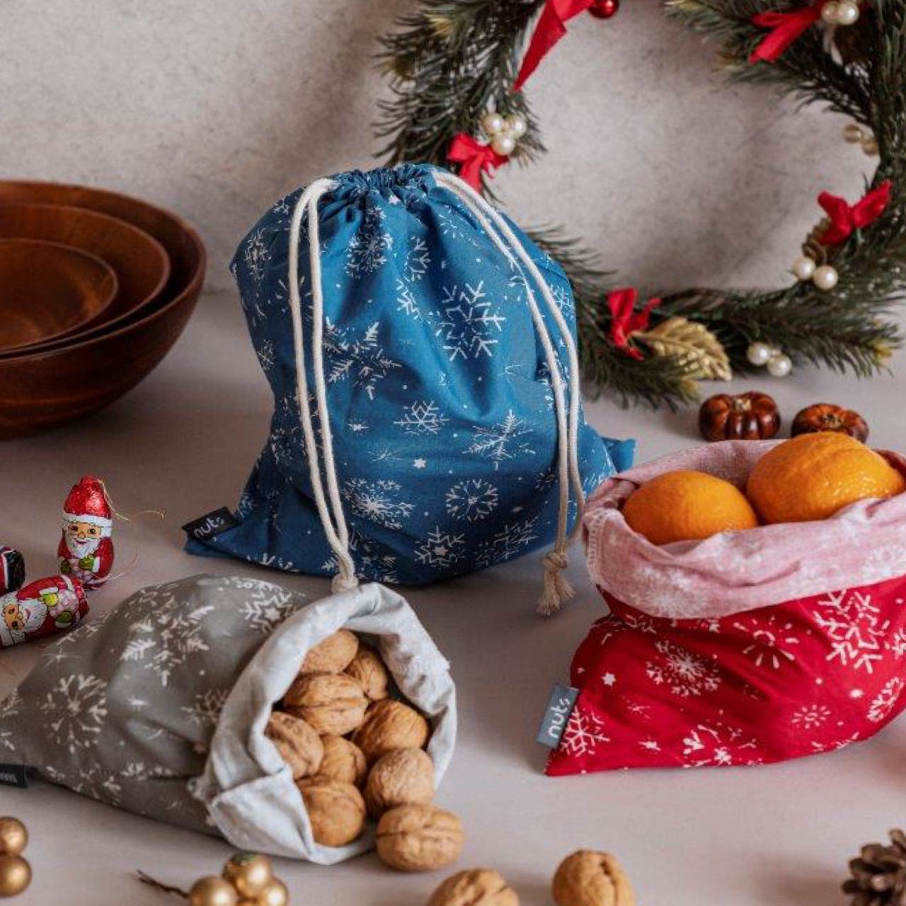 ナッツ コットンバッグ 3点セット スノーフレイクアソート
