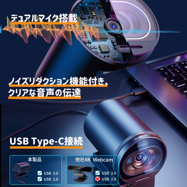 EMEET 4K Webカメラ S600 60fps UHD ウェブカメラ マイク内蔵 広角 スタンド アーム 自動光補正 USBカメラ ストリーミング ウェブ会議 ZOOM テレワーク 自撮り イミート 2年保証
