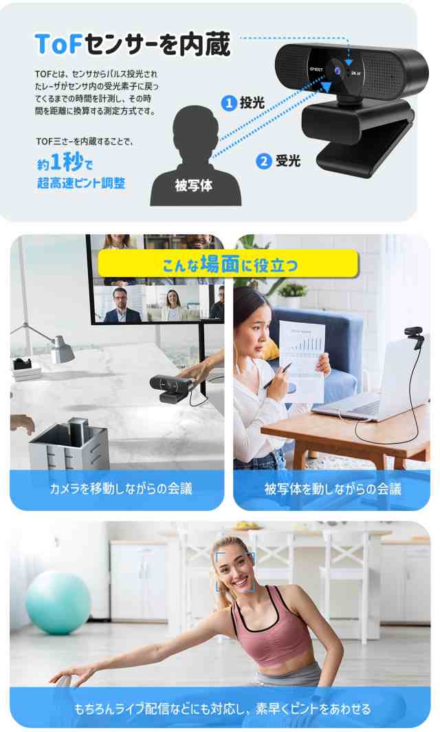 EMEET C960 2K WEBカメラ 400万画素 30FPS 5層ガラスレンズ マイク内蔵 オートフォーカス 広角 アーム スタンド カバー付 ノイズリダクション 小型 ウェブ会議 テレワーク ZOOM イミート 2年保証