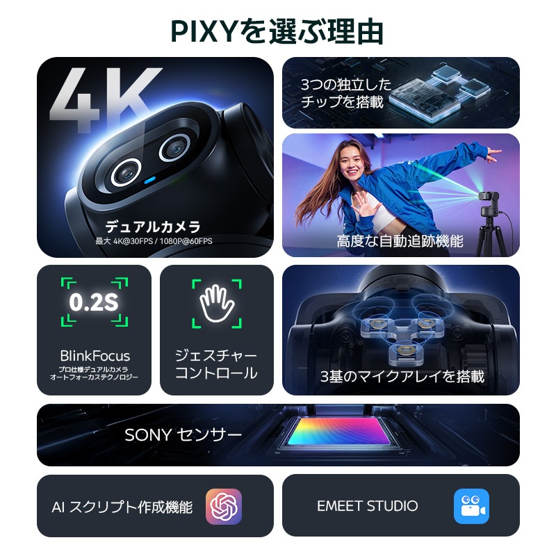 EMEET PIXY ウェブカメラ 4K PTZ AI自動追跡 ノイズキャンセリング マイク オートフォーカス ジェスチャー操作 配信 ビデオ通話 Zoom Teams AI生成コンテンツ AIGC Mac/Windows用 Switch2カメラ