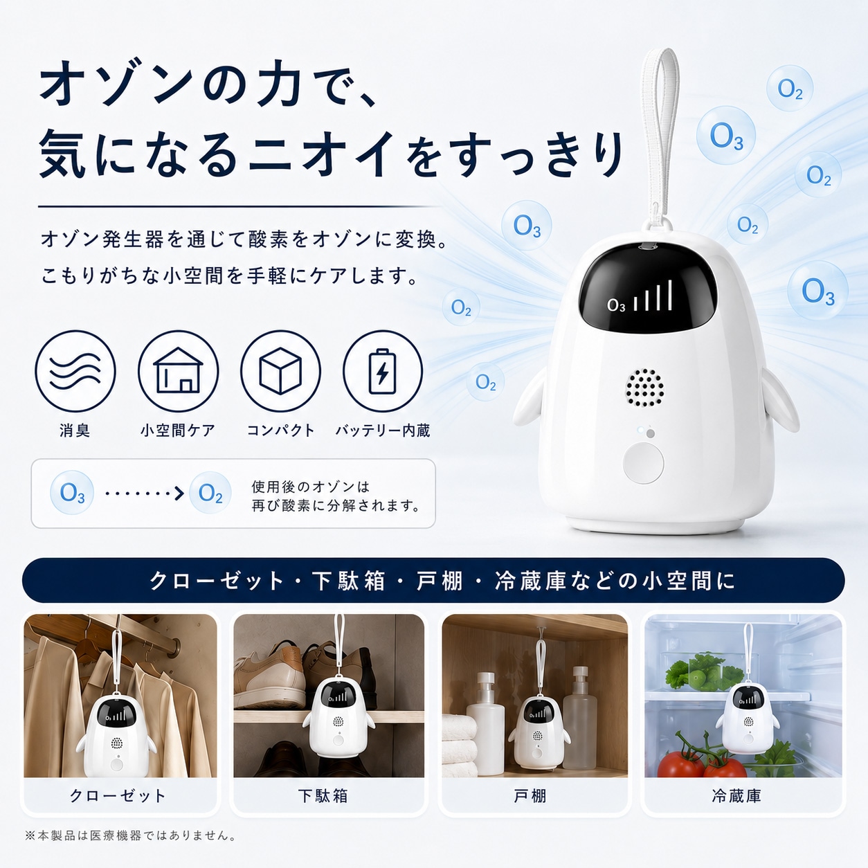 eROD オゾン消臭器 ペンギン型 ミニ 充電式 Type-C 3段階タイマー 3分・5分・10分 コンパクト 携帯用 クローゼット 下駄箱 車内 冷蔵庫 スーツケース SY-0104