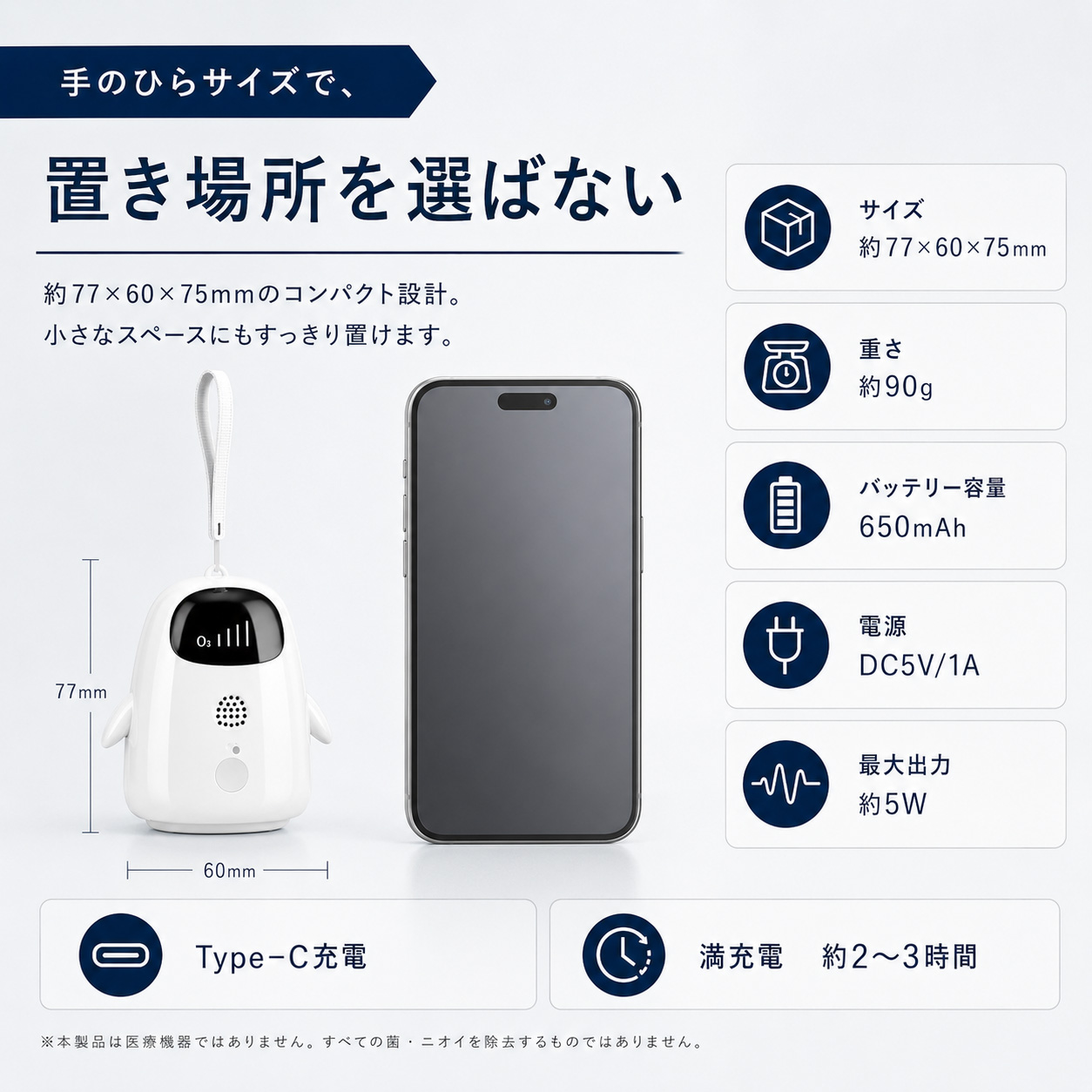 eROD オゾン消臭器 ペンギン型 ミニ 充電式 Type-C 3段階タイマー 3分・5分・10分 コンパクト 携帯用 クローゼット 下駄箱 車内 冷蔵庫 スーツケース SY-0104