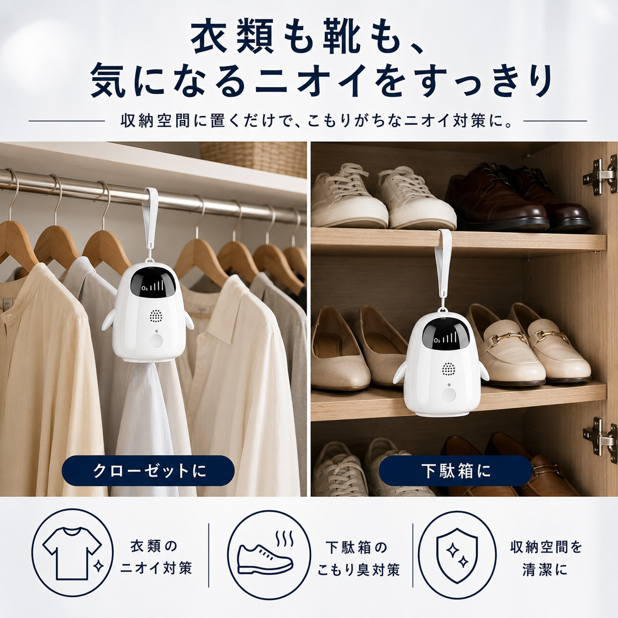 eROD オゾン消臭器 ペンギン型 ミニ 充電式 Type-C 3段階タイマー 3分・5分・10分 コンパクト 携帯用 クローゼット 下駄箱 車内 冷蔵庫 スーツケース SY-0104