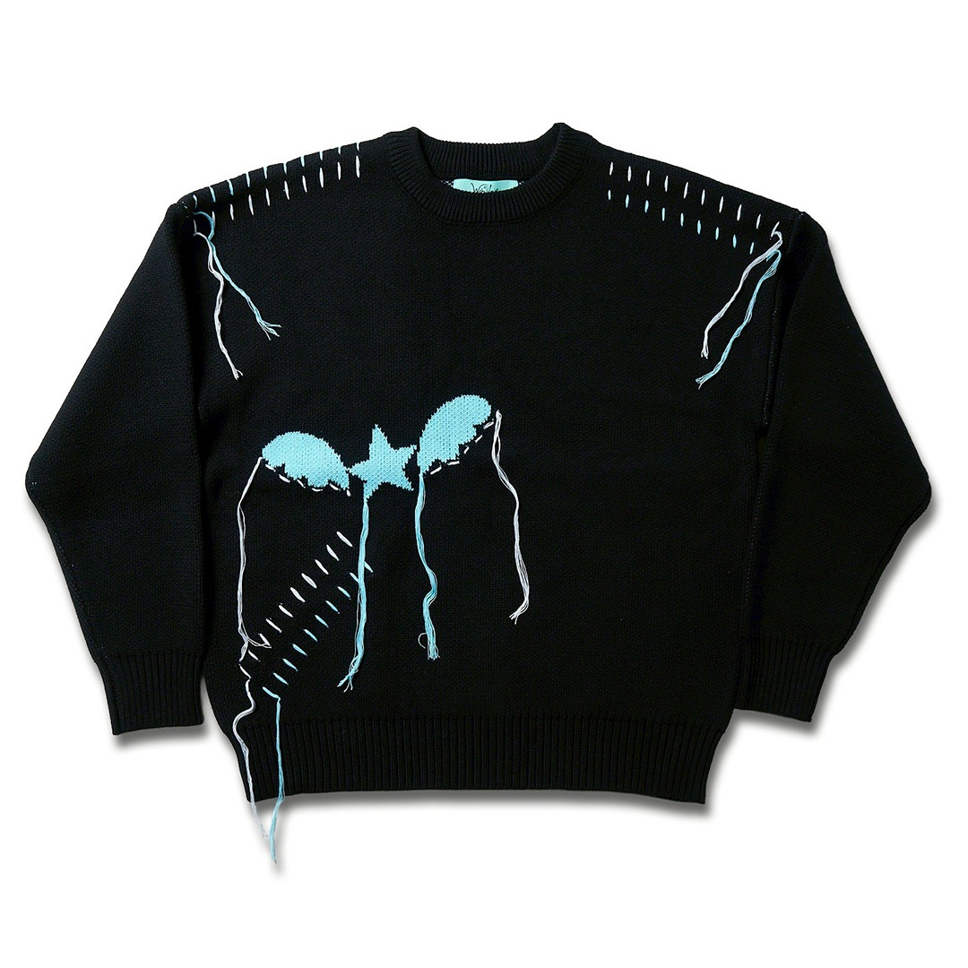 ＜受注生産＞ WINGLE STAR&FEATHER COTTON-ACRYLIC SWEATER【BLACK】