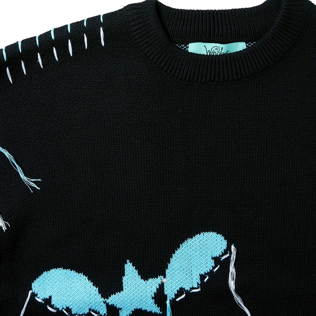 ＜受注生産＞ WINGLE STAR&FEATHER COTTON-ACRYLIC SWEATER【BLACK】