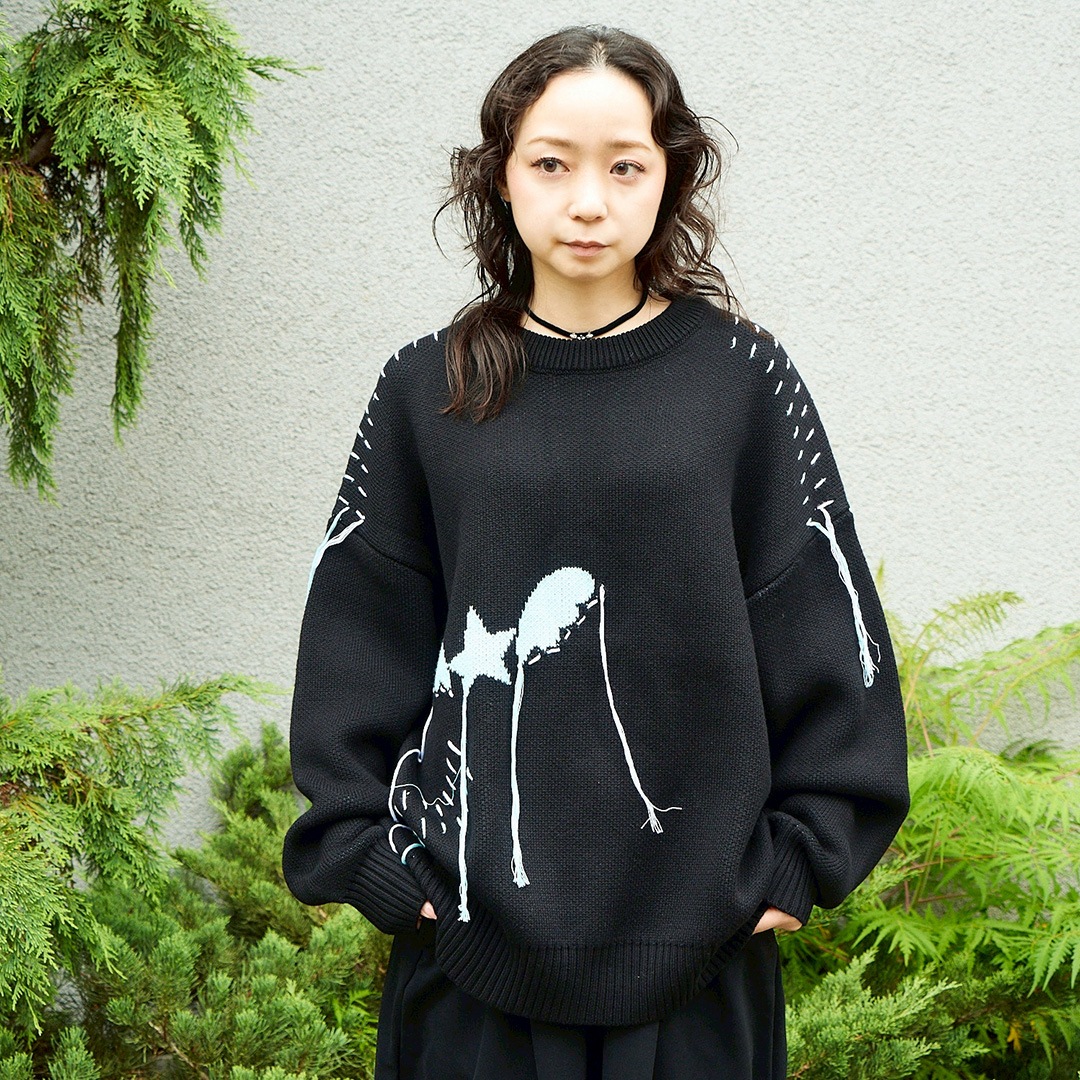 ＜受注生産＞ WINGLE STAR&FEATHER COTTON-ACRYLIC SWEATER【BLACK】
