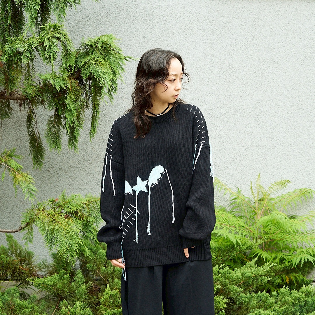 ＜受注生産＞ WINGLE STAR&FEATHER COTTON-ACRYLIC SWEATER【BLACK】