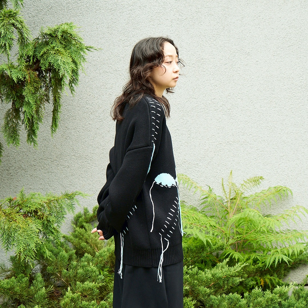 ＜受注生産＞ WINGLE STAR&FEATHER COTTON-ACRYLIC SWEATER【BLACK】