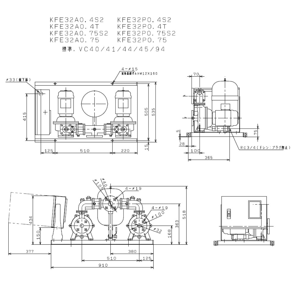 川本製作所 KFE32A0.4S2 32*40A--m 単相100V 0.4Kw*2 : ｲﾝﾊﾞｰﾀｰﾎﾟﾝﾌﾟ ﾎﾟﾝﾊﾟｰKFE 自動 ...