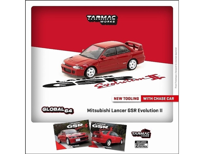 ターマックワークス　T64G-049-RE　1/64　Mitsubishi Lancer GSR  Evolution II Red  Model Car + Trading Cards Combo Set