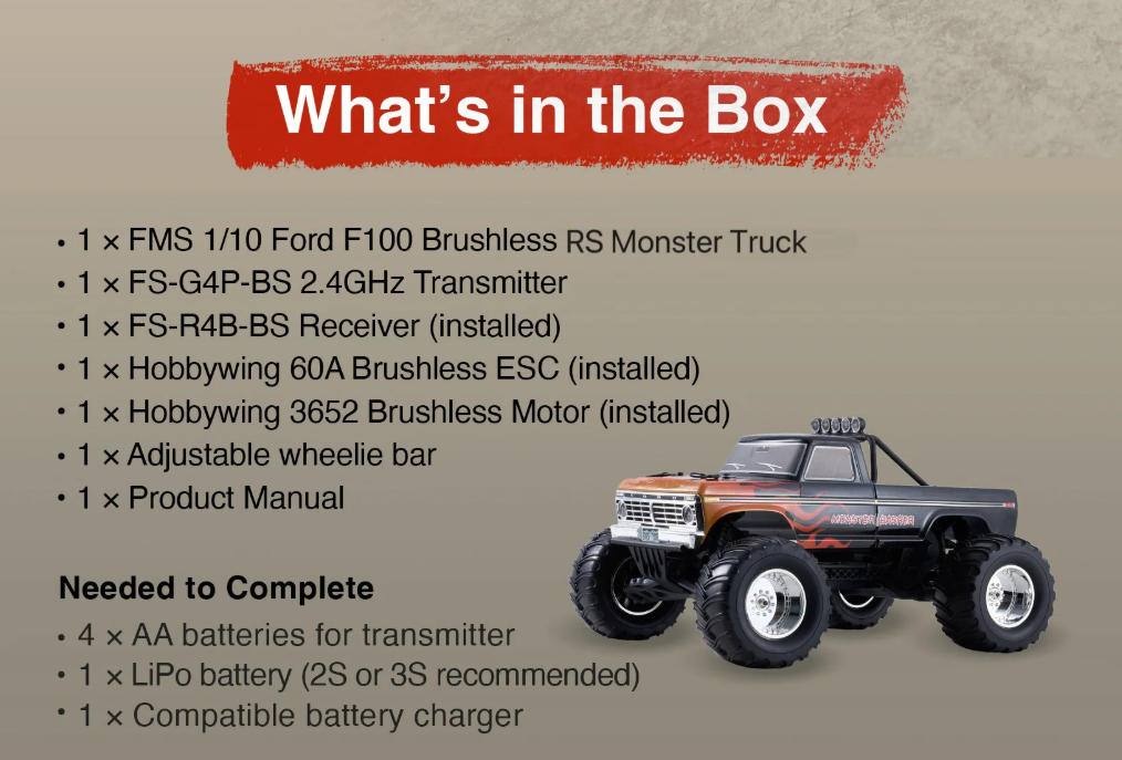 �ڼ���о��ʡ�FMS 1:10 Ford F-100 Monster Truck Brushless RS��RTR���åȡ����֡�FMS11023RSBK-BL�ʽ��Ŵ�ȥХåƥ꡼�դ���