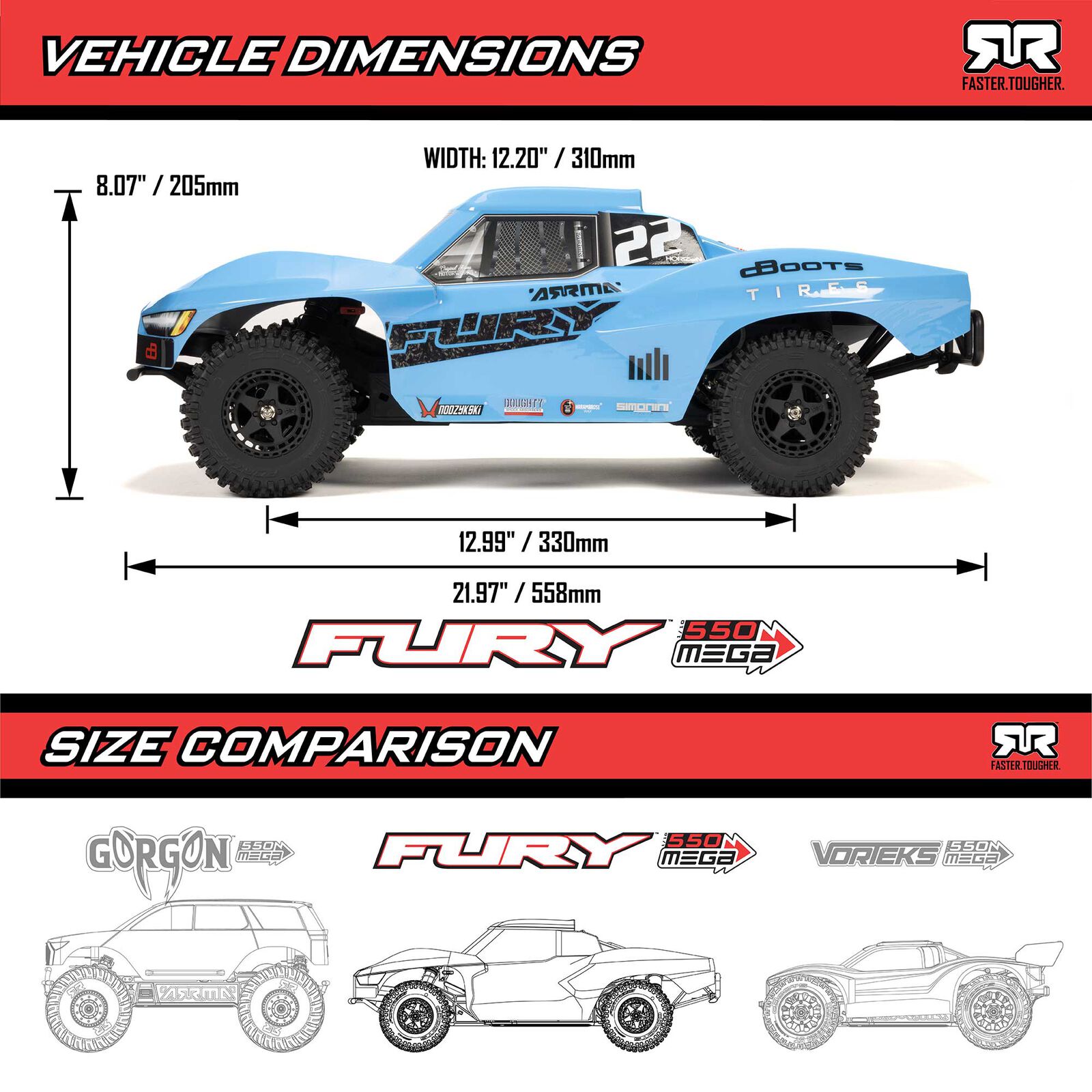 ڼоʡ1/10 FURY MEGA 550 2WD Short Course Truck RTR with Battery & Charger, RedARA3221ST1