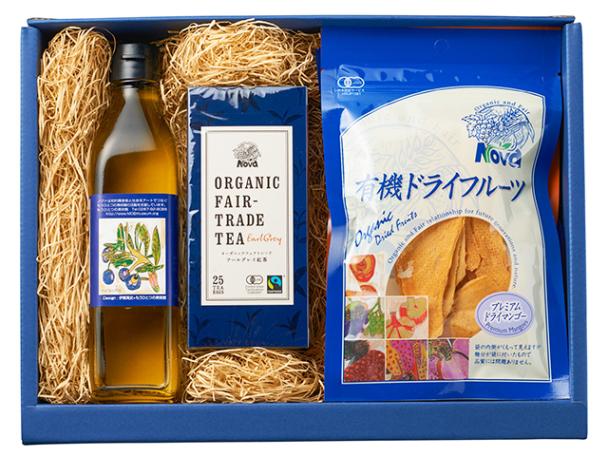 ノヴァおすすめギフト (有機エキストラバージンオリーブオイル・有機ナッツ・有機ドライフルーツ・有機紅茶×各1個)