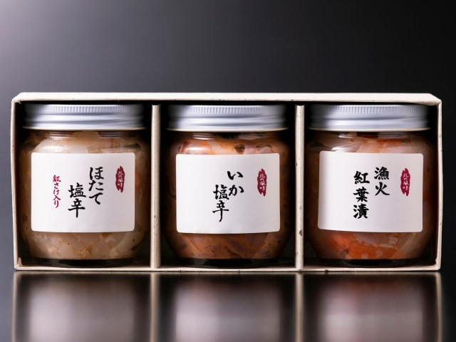 北の風味　3瓶セット　(いか塩辛・帆立塩辛紅鮭入・漁火紅葉漬　各180g)