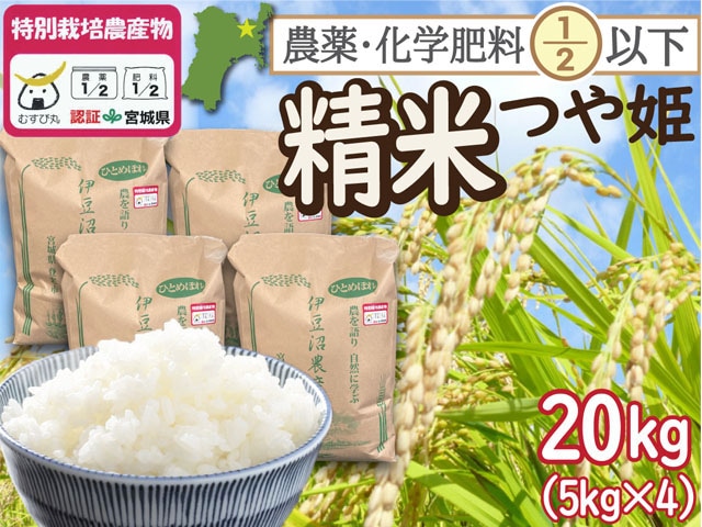 特別栽培米 つや姫　 白米20kg（5kg×4）　　　 　宮城県登米市産 一等米 精米  農薬・化学肥料節減　　　　【令和7年産】