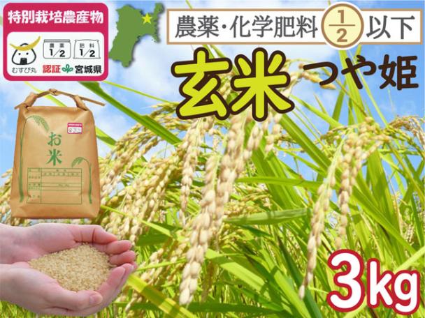 特別栽培米 つや姫 玄米3kg 宮城県登米市産 一等米 農薬・化学肥料節減【令和7年産】