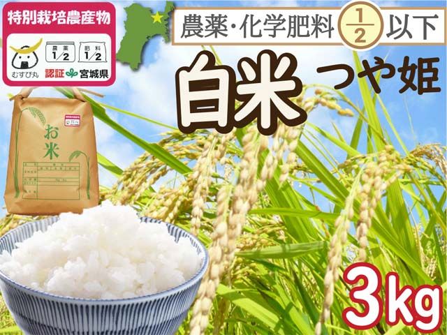 特別栽培米 つや姫 白米3kg 令和8年産一等米 宮城県登米市産 精米 農薬