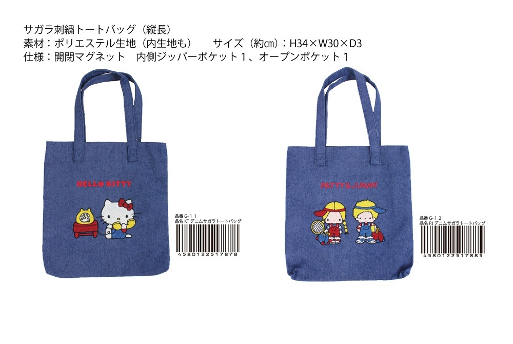 新品★SANRIOサンリオ　ザシキブタ　トートバッグ　日本製1984年1985年 サンリオ」デニムサガラ刺繍トートバッグ（全2柄）（20個入