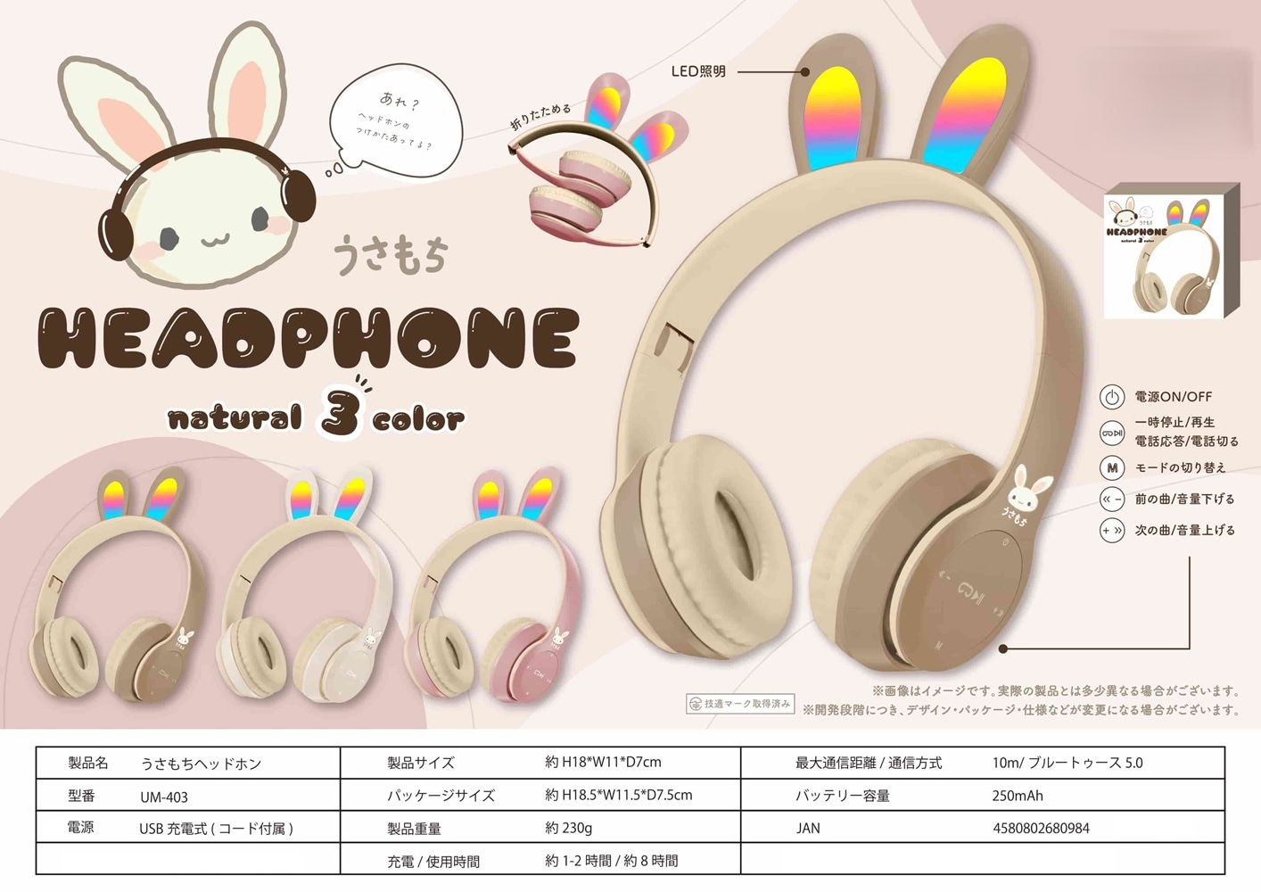 動物グッズ」うさもちヘッドホン（48個入） | 動物グッズ（Animal