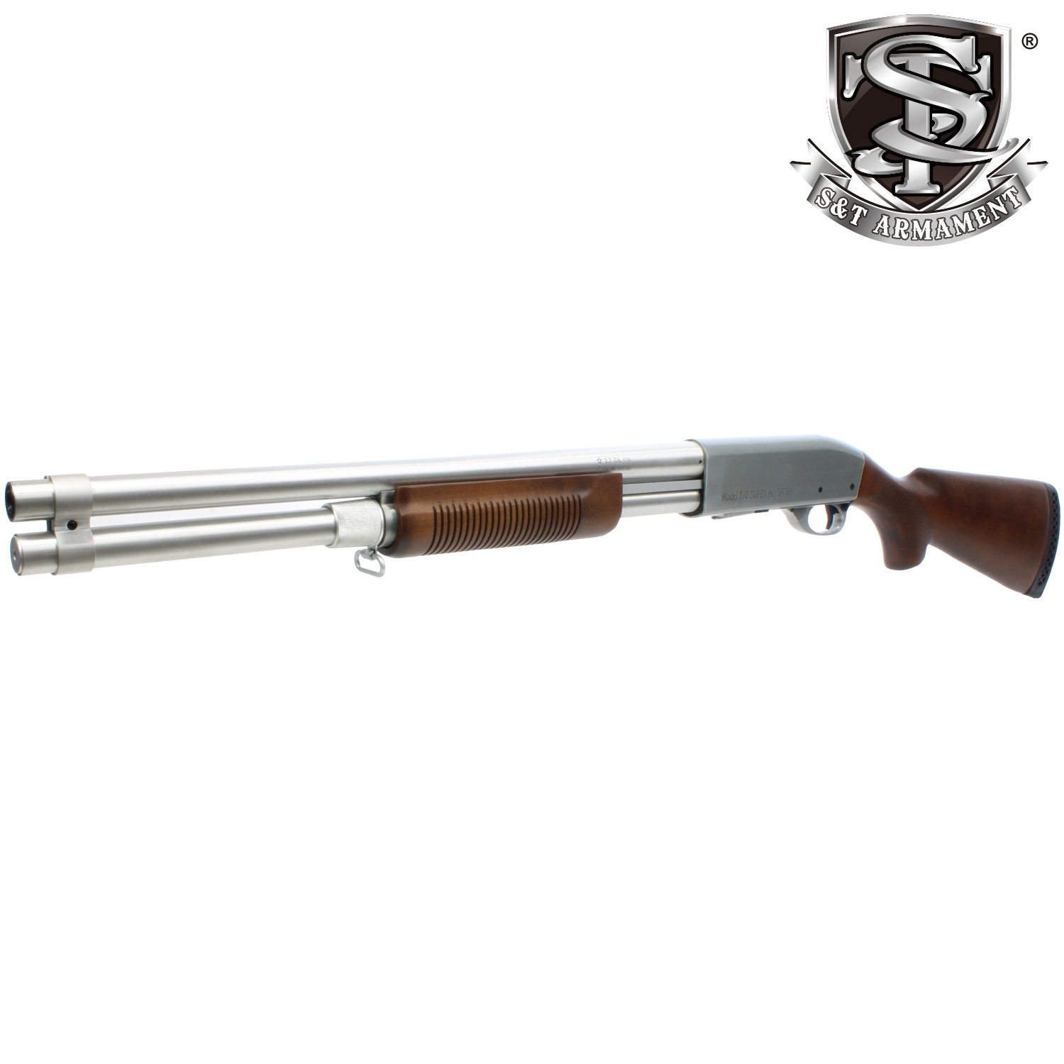 S＆T M870 ロング リアルウッド エアーコッキングショットガン Silver SUPER MAGNUM刻印
